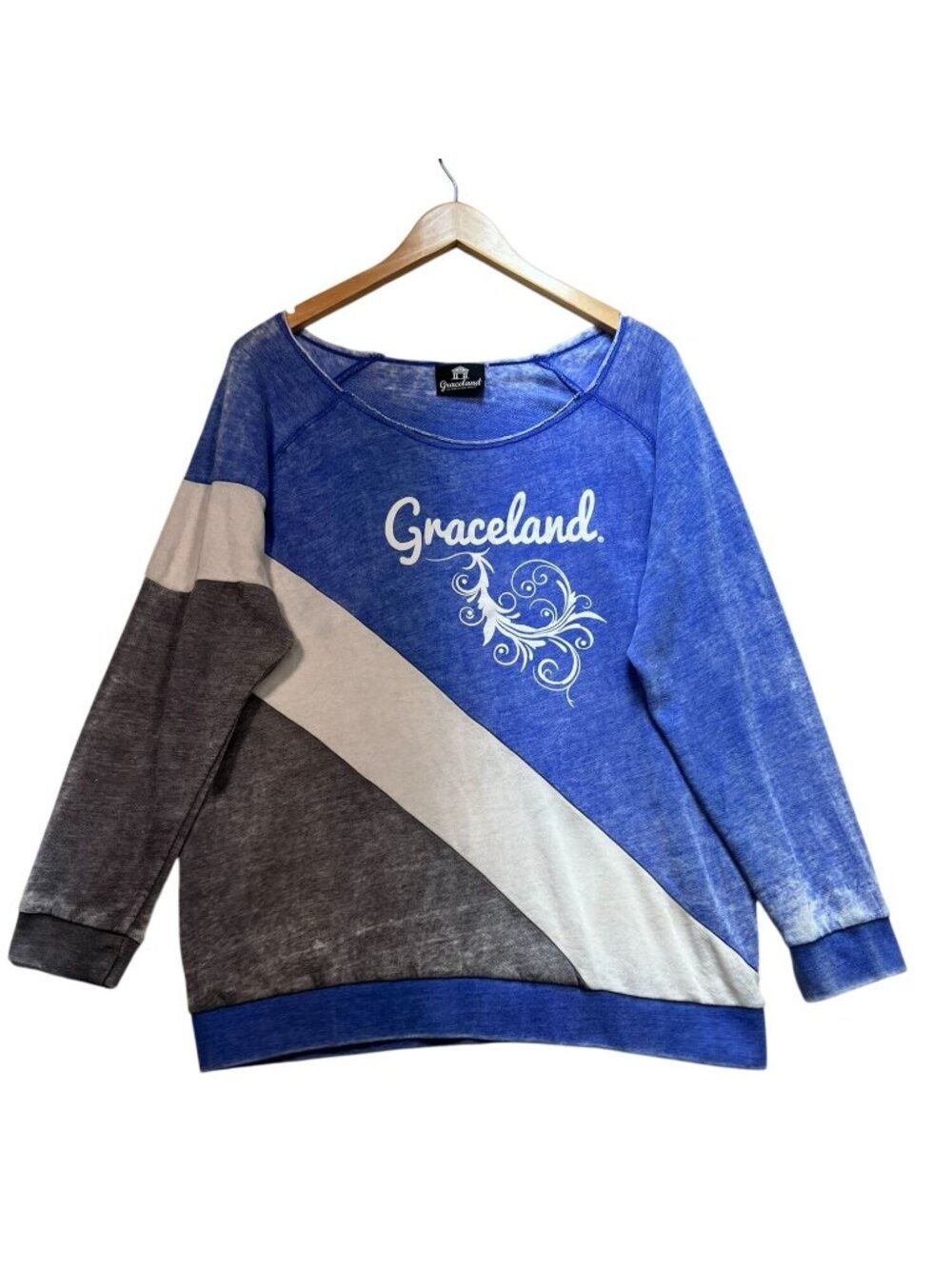 Graceland Womens Sweatshirt L Blue Colorblock Boat Neck Classic Casual Pullover